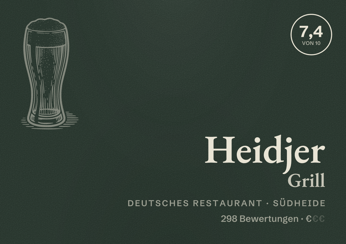 Illustriertes Poster von Heidjer Grill, Deutsches Restaurant in Südheide: Bewertung 7,4 von 10 aus 298 Bewertungen, Preisniveau €