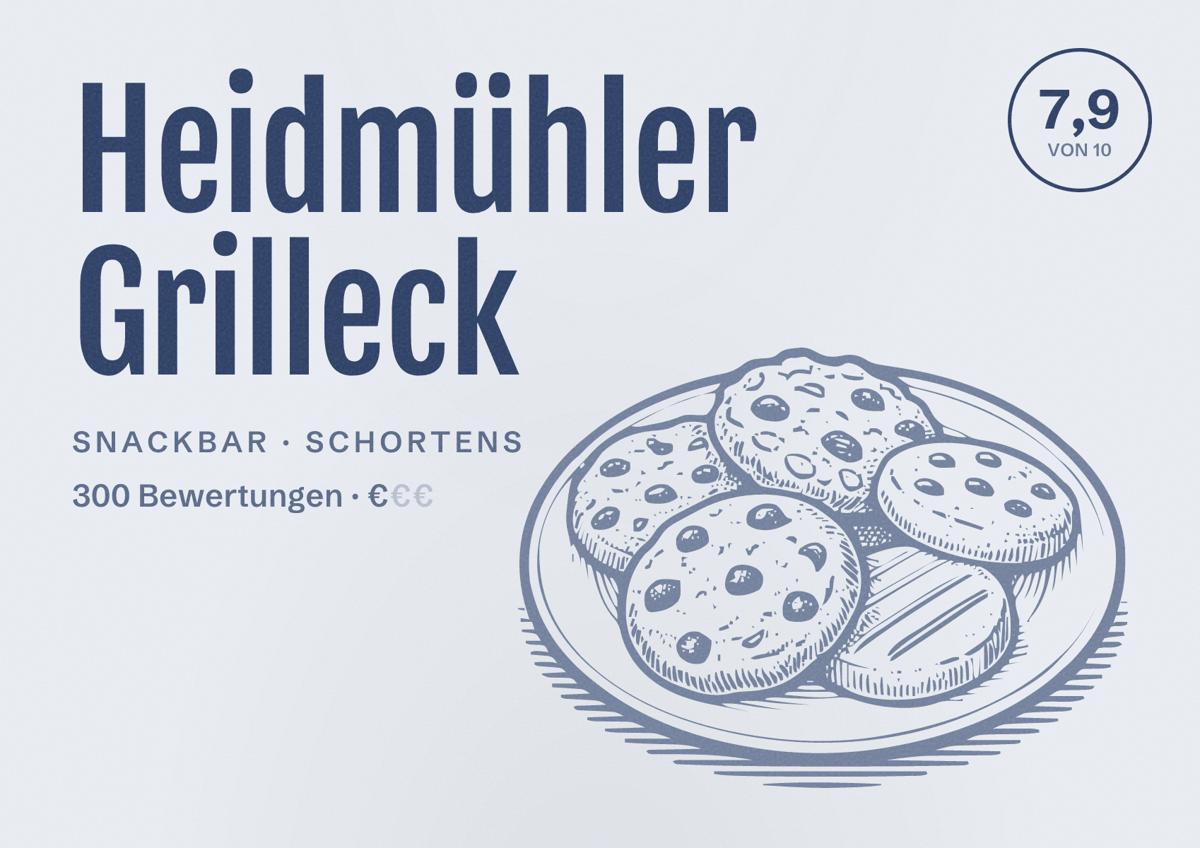 Illustriertes Poster von Heidmühler Grilleck, Snackbar in Schortens: Bewertung 7,9 von 10 aus 300 Bewertungen, Preisniveau €