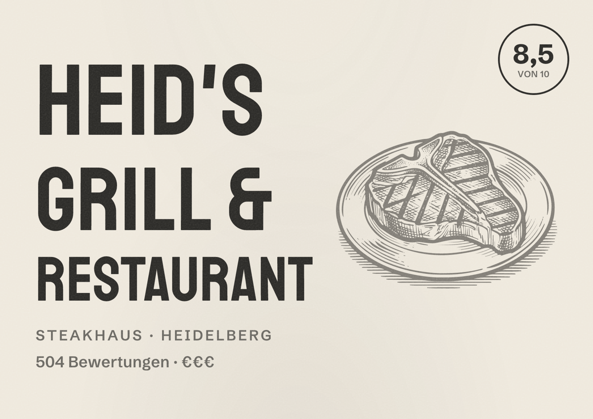 Illustriertes Poster von Heid's Grill & Restaurant, Steakhaus in Heidelberg: Bewertung 8,5 von 10 aus 504 Bewertungen, Preisniveau €€€