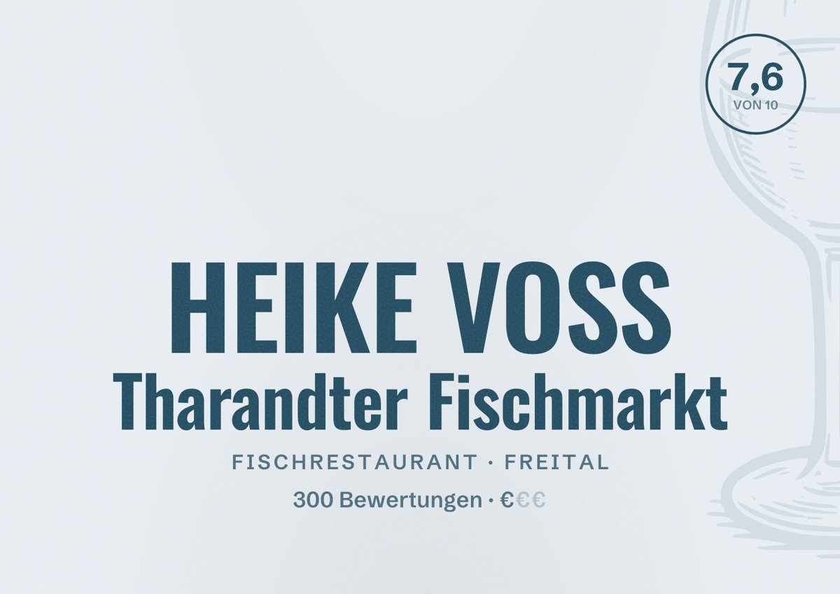 Illustriertes Poster von HEIKE VOSS Tharandter Fischmarkt, Fischrestaurant in Freital: Bewertung 7,6 von 10 aus 300 Bewertungen, Preisniveau €
