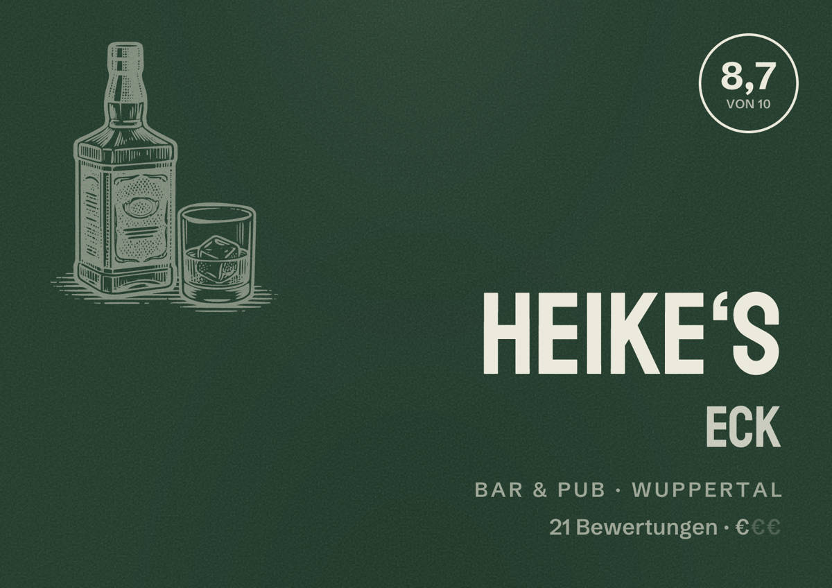 Illustriertes Poster von Heike‘s Eck, Bar & Pub in Wuppertal: Bewertung 8,7 von 10 aus 21 Bewertungen, Preisniveau €