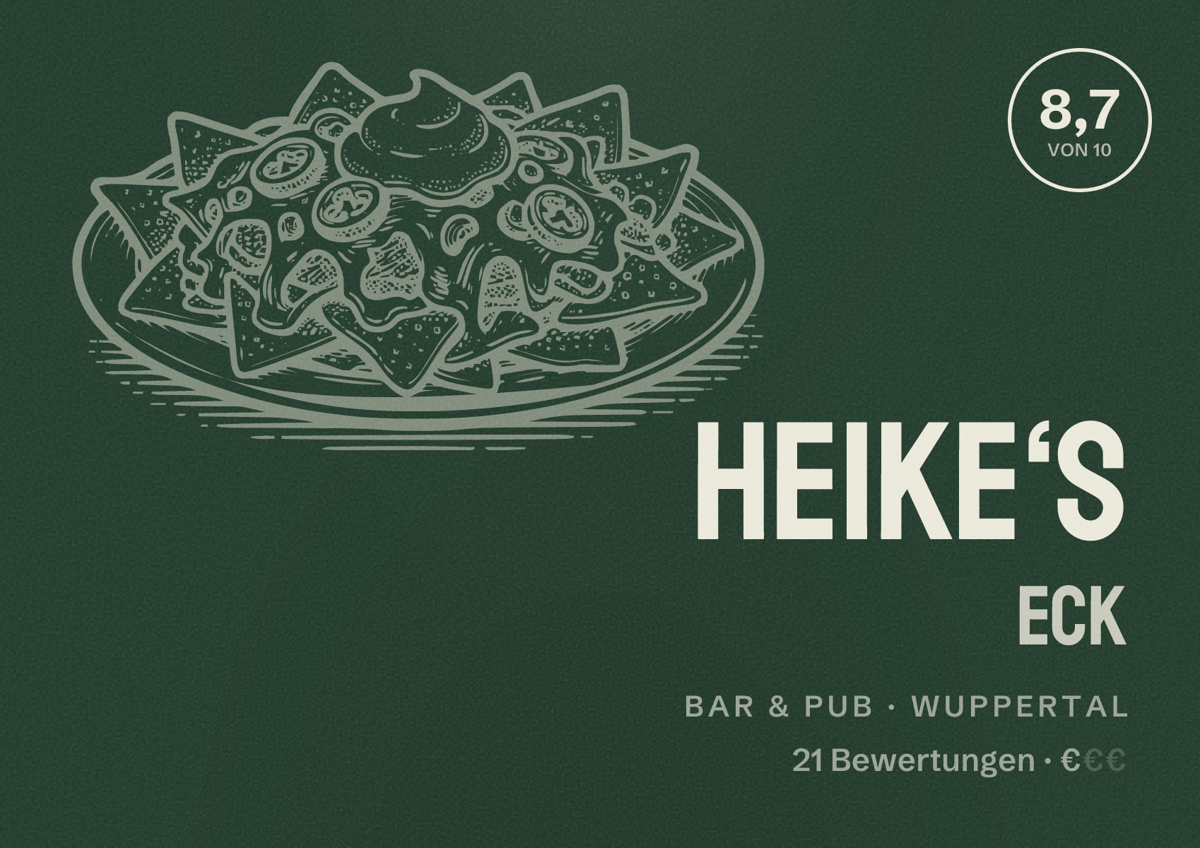 Illustriertes Poster von Heike‘s Eck, Bar & Pub in Wuppertal: Bewertung 8,7 von 10 aus 21 Bewertungen, Preisniveau €