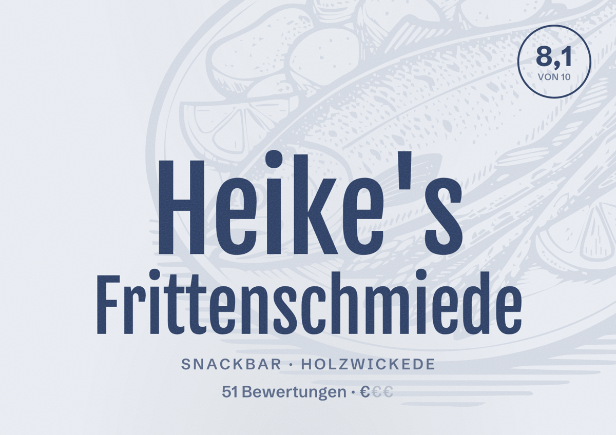 Illustriertes Poster von Heike's Frittenschmiede, Snackbar in Holzwickede: Bewertung 8,1 von 10 aus 51 Bewertungen, Preisniveau €