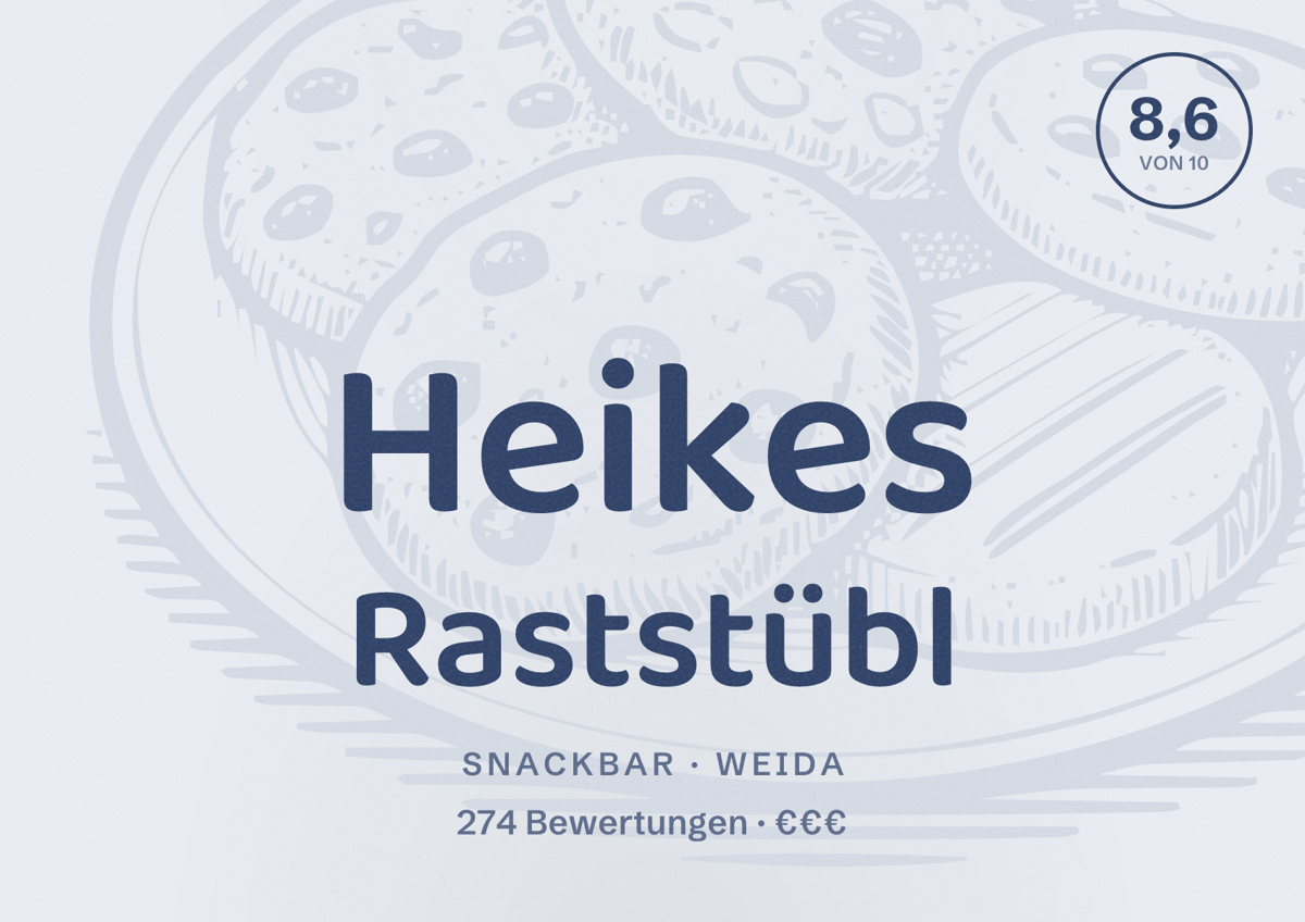 Illustriertes Poster von Heikes Raststübl, Snackbar in Weida: Bewertung 8,6 von 10 aus 274 Bewertungen, Preisniveau €€€