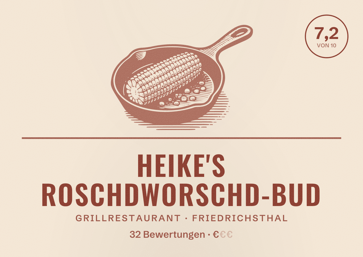 Illustriertes Poster von Heike's Roschdworschd-Bud, Grillrestaurant in Friedrichsthal: Bewertung 7,2 von 10 aus 32 Bewertungen, Preisniveau €