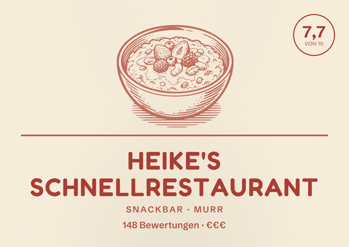 Illustriertes Poster von Heike's Schnellrestaurant, Snackbar in Murr: Bewertung 7,7 von 10 aus 148 Bewertungen, Preisniveau €€€