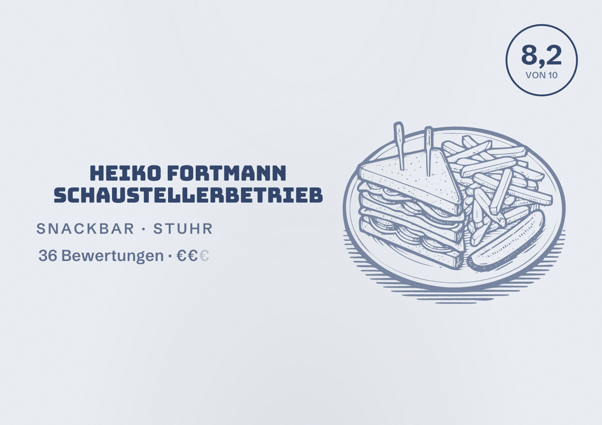 Illustriertes Poster von Heiko Fortmann Schaustellerbetrieb, Snackbar in Stuhr: Bewertung 8,2 von 10 aus 36 Bewertungen, Preisniveau €€