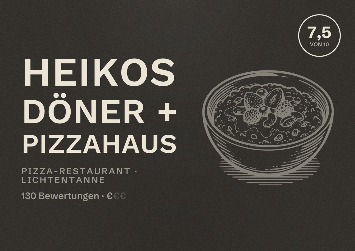 Illustriertes Poster von Heikos Döner + Pizzahaus, Pizza-Restaurant in Lichtentanne: Bewertung 7,5 von 10 aus 130 Bewertungen, Preisniveau €
