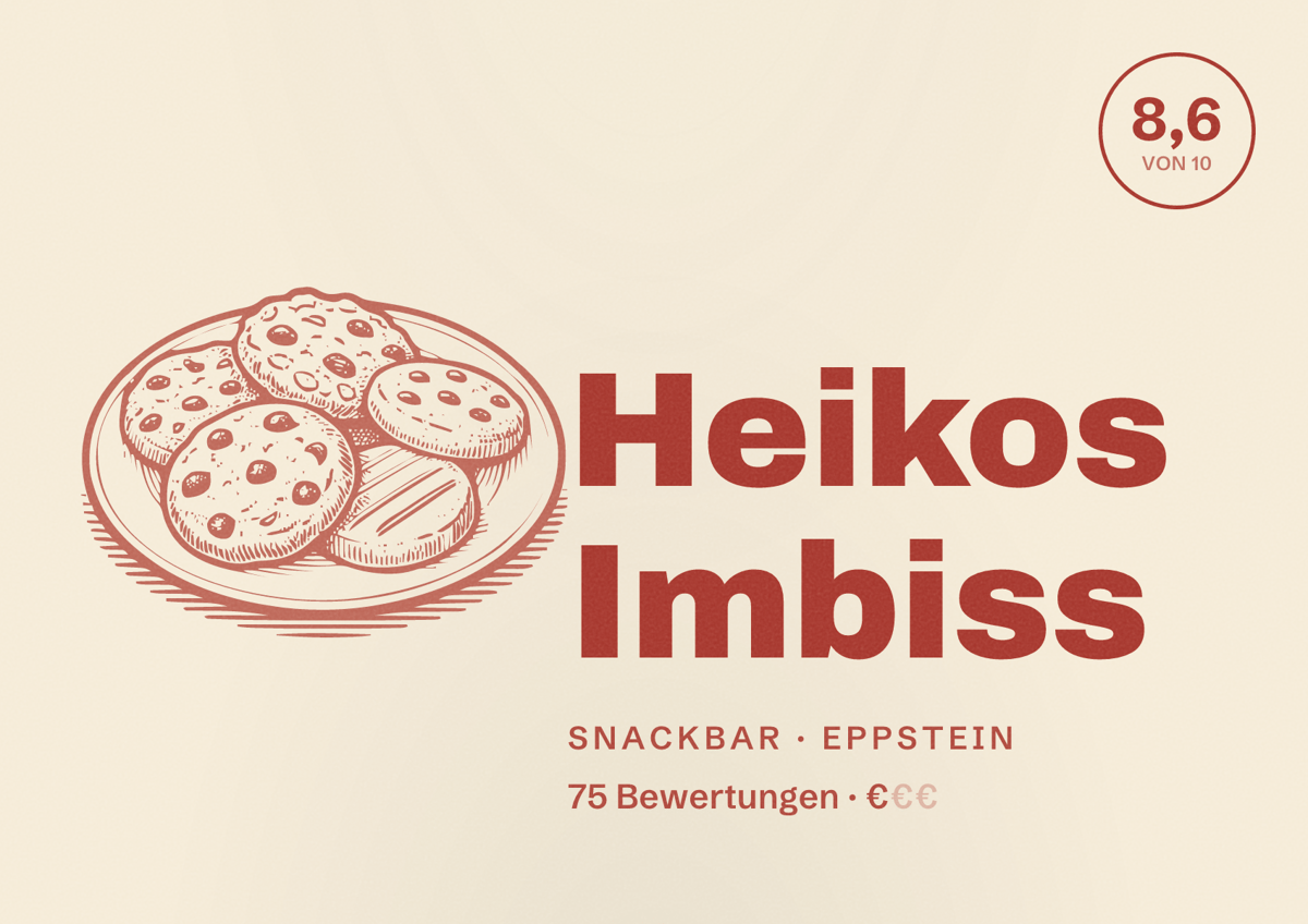 Illustriertes Poster von Heikos Imbiss, Snackbar in Eppstein: Bewertung 8,6 von 10 aus 75 Bewertungen, Preisniveau €