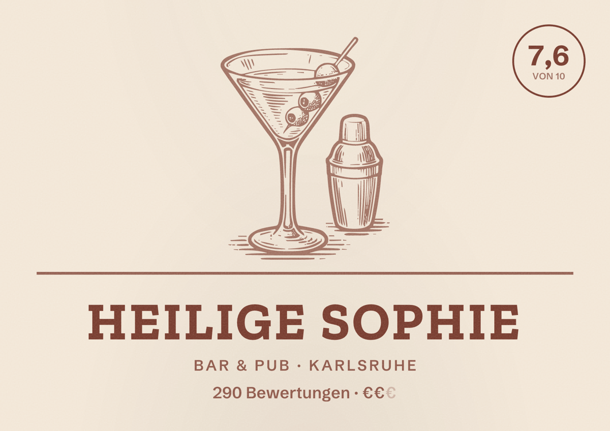 Illustriertes Poster von Heilige Sophie, Bar & Pub in Karlsruhe: Bewertung 7,6 von 10 aus 290 Bewertungen, Preisniveau €€