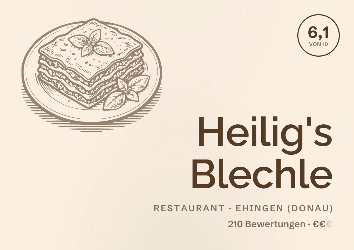 Illustriertes Poster von Heilig's Blechle, Restaurant in Ehingen (Donau): Bewertung 6,1 von 10 aus 210 Bewertungen, Preisniveau €€