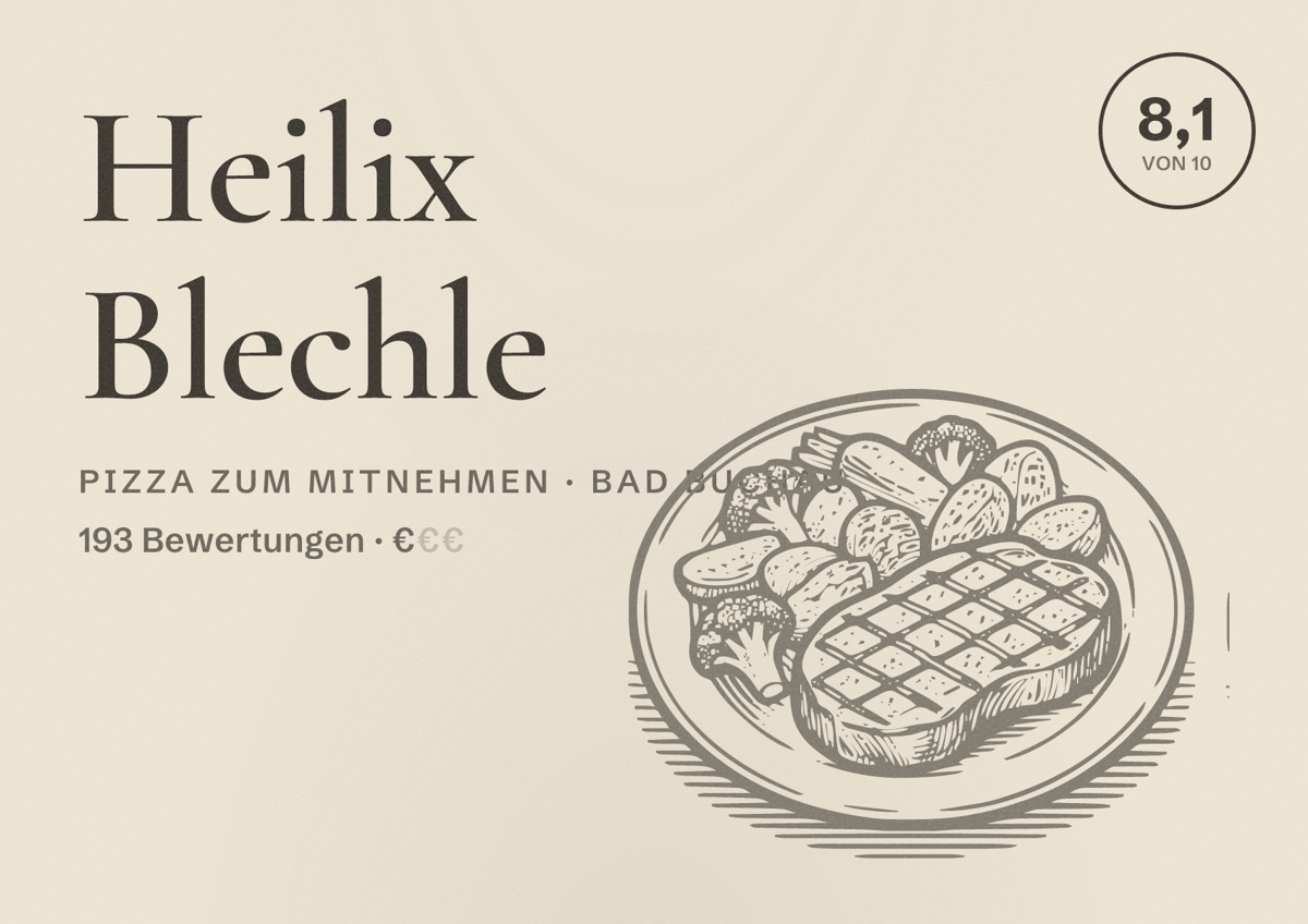 Illustriertes Poster von Heilix Blechle, Pizza zum Mitnehmen in Bad Buchau: Bewertung 8,1 von 10 aus 193 Bewertungen, Preisniveau €