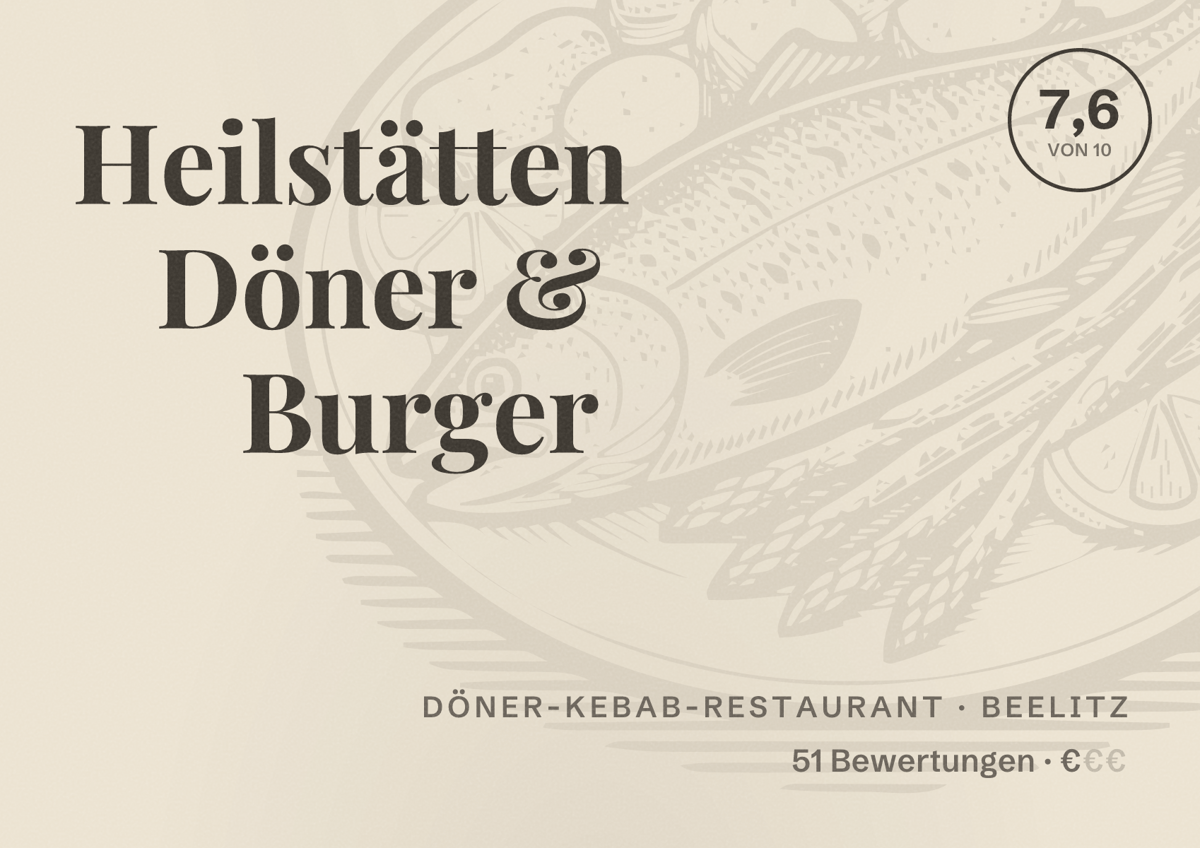 Illustriertes Poster von Heilstätten Döner & Burger, Döner-Kebab-Restaurant in Beelitz: Bewertung 7,6 von 10 aus 51 Bewertungen, Preisniveau €