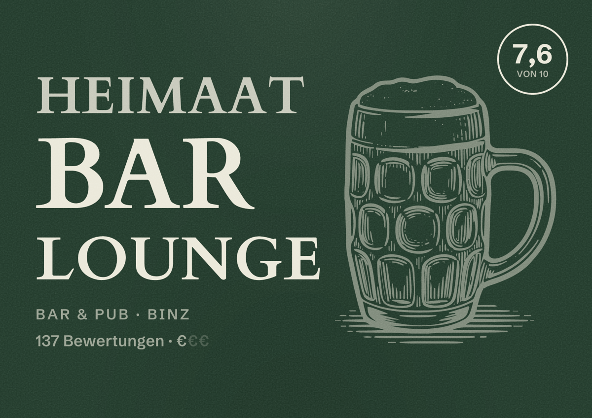 Illustriertes Poster von HEIMAAT Bar Lounge, Bar & Pub in Binz: Bewertung 7,6 von 10 aus 137 Bewertungen, Preisniveau €