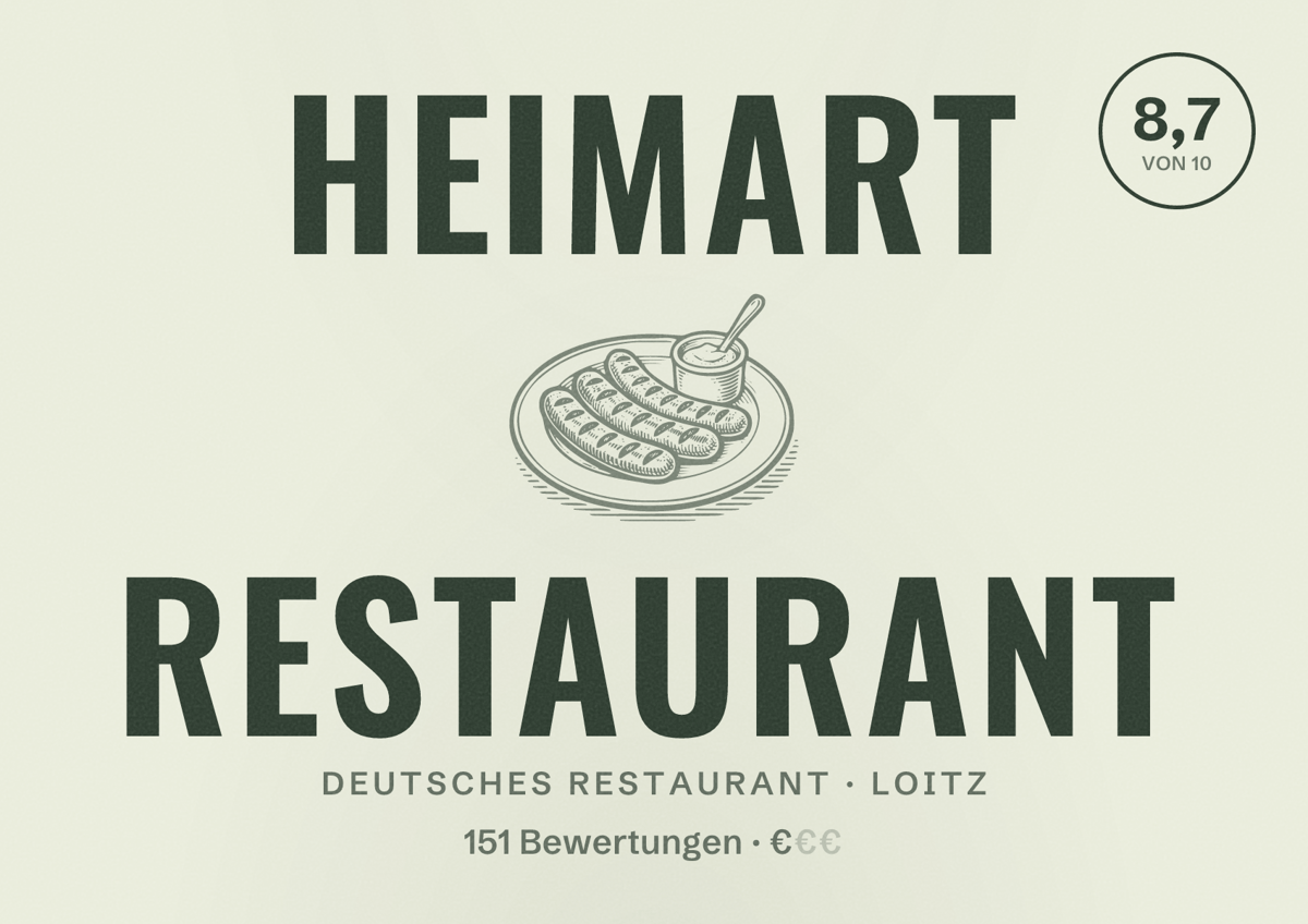 Illustriertes Poster von HeimaRt Restaurant, Deutsches Restaurant in Loitz: Bewertung 8,7 von 10 aus 151 Bewertungen, Preisniveau €