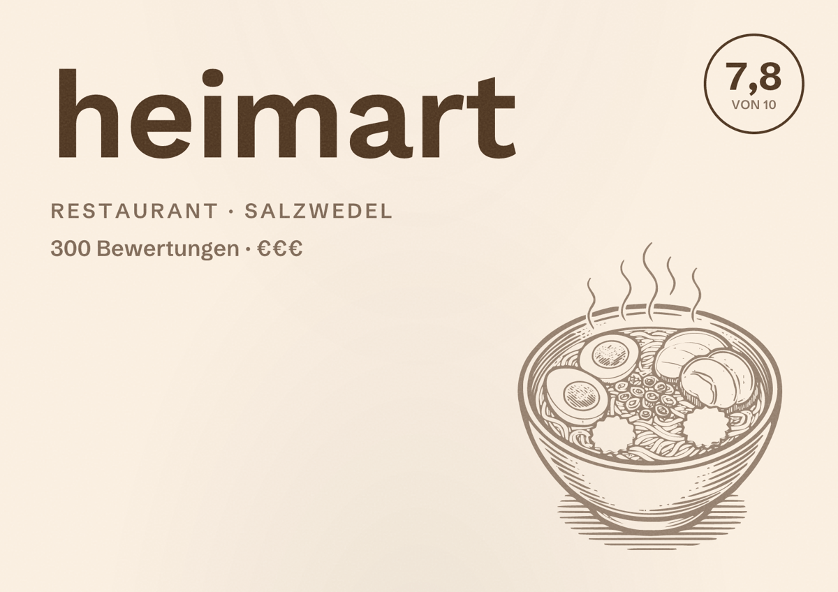 Illustriertes Poster von heimart, Restaurant in Salzwedel: Bewertung 7,8 von 10 aus 300 Bewertungen, Preisniveau €€€