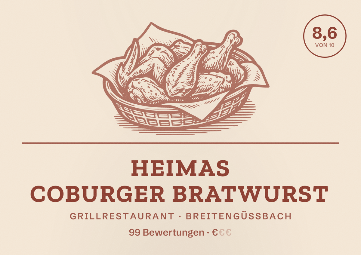 Illustriertes Poster von Heimas Coburger Bratwurst, Grillrestaurant in Breitengüßbach: Bewertung 8,6 von 10 aus 99 Bewertungen, Preisniveau €