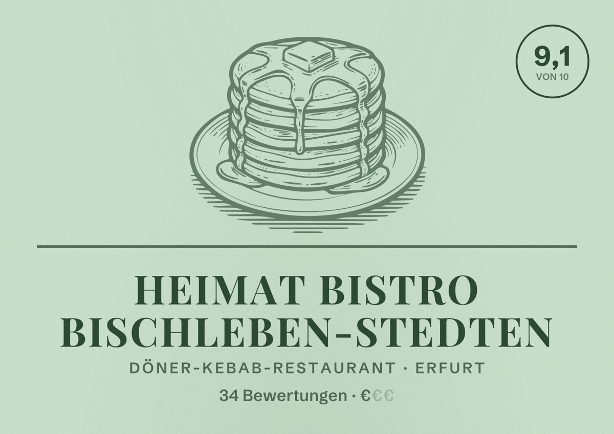 Illustriertes Poster von Heimat Bistro Bischleben-Stedten, Döner-Kebab-Restaurant in Erfurt: Bewertung 9,1 von 10 aus 34 Bewertungen, Preisniveau €