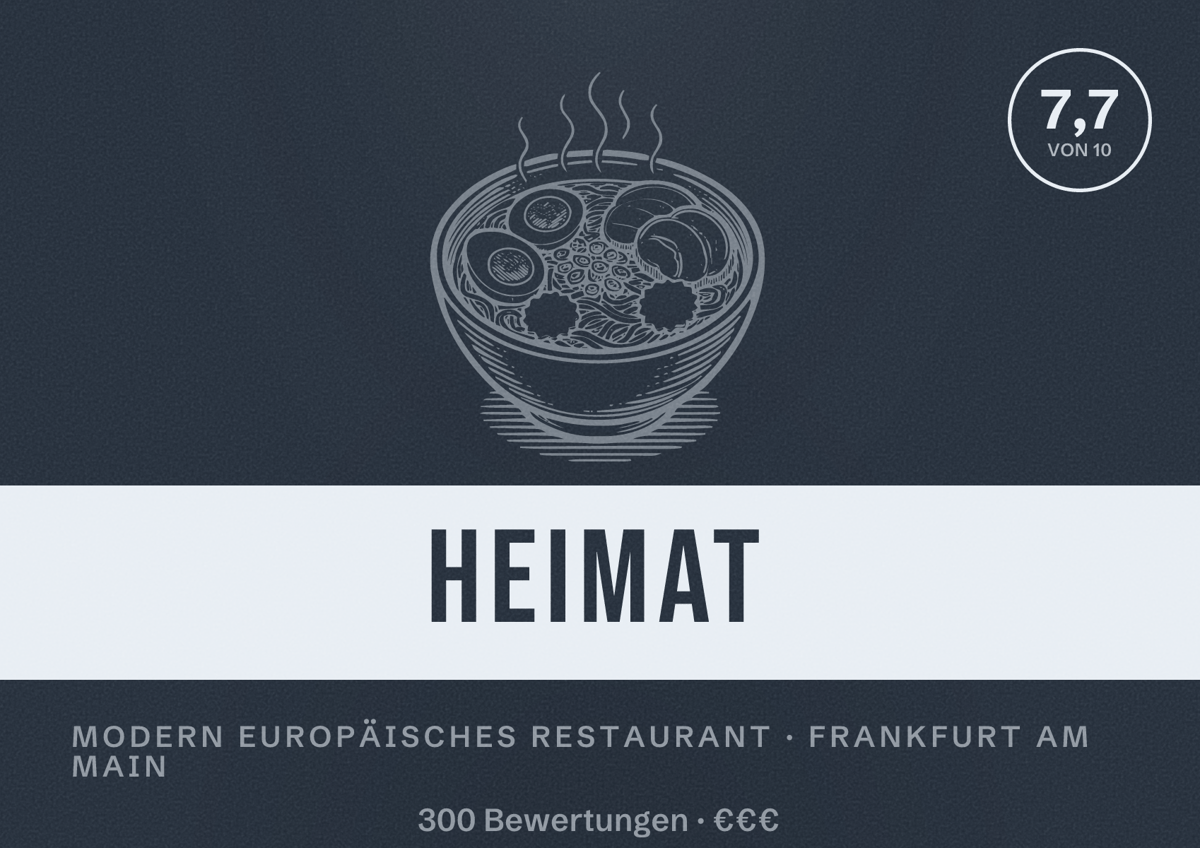 Illustriertes Poster von Heimat, Modern europäisches Restaurant in Frankfurt am Main: Bewertung 7,7 von 10 aus 300 Bewertungen, Preisniveau €€€