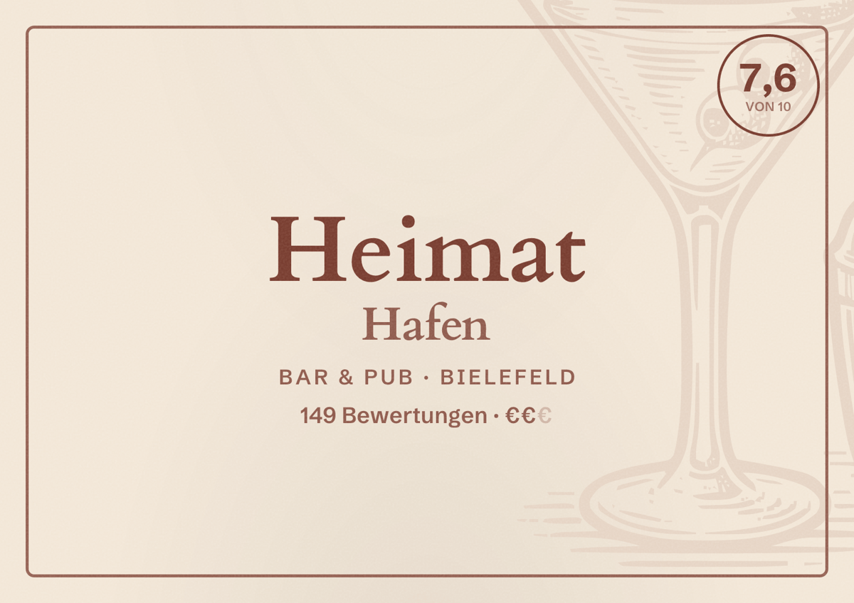 Illustriertes Poster von Heimat Hafen, Bar & Pub in Bielefeld: Bewertung 7,6 von 10 aus 149 Bewertungen, Preisniveau €€