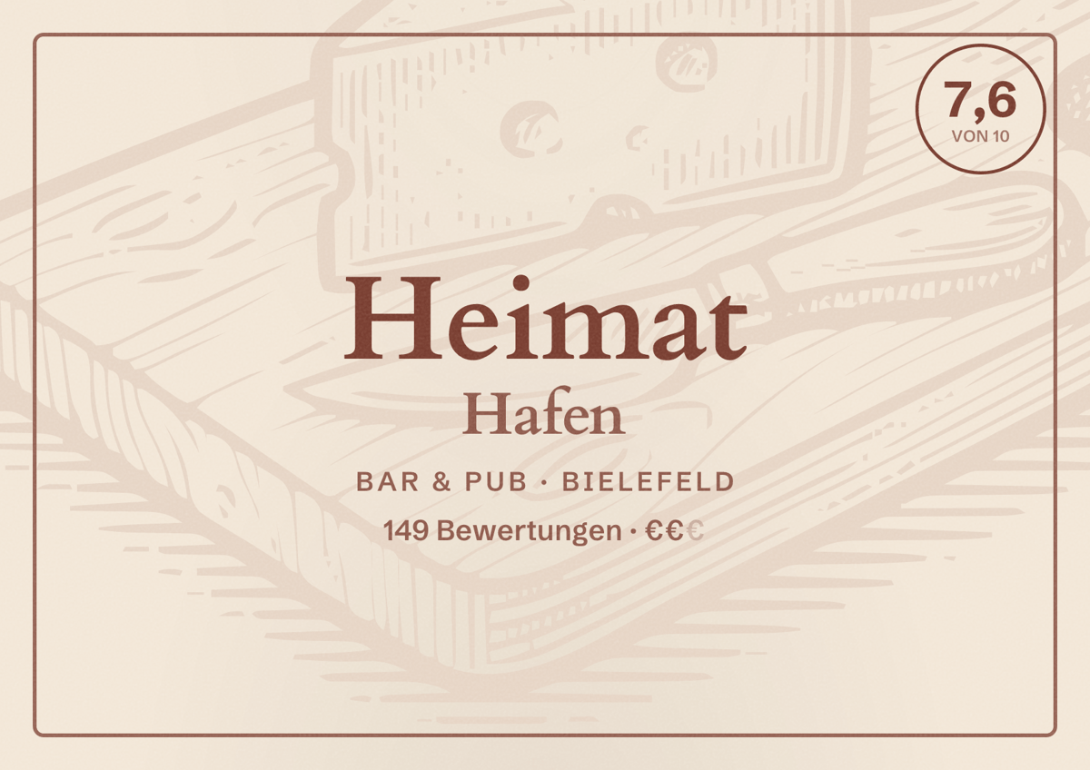 Illustriertes Poster von Heimat Hafen, Bar & Pub in Bielefeld: Bewertung 7,6 von 10 aus 149 Bewertungen, Preisniveau €€
