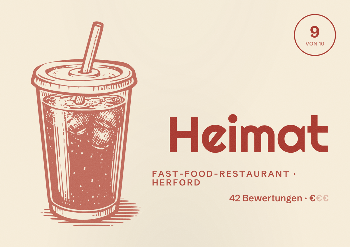 Illustriertes Poster von Heimat, Fast-Food-Restaurant in Herford: Bewertung 9 von 10 aus 42 Bewertungen, Preisniveau €
