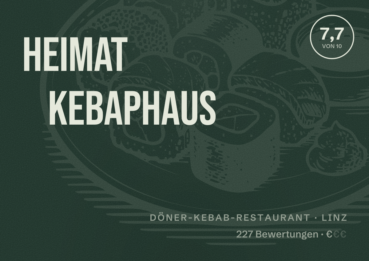 Illustriertes Poster von Heimat Kebaphaus, Döner-Kebab-Restaurant in Linz: Bewertung 7,7 von 10 aus 227 Bewertungen, Preisniveau €