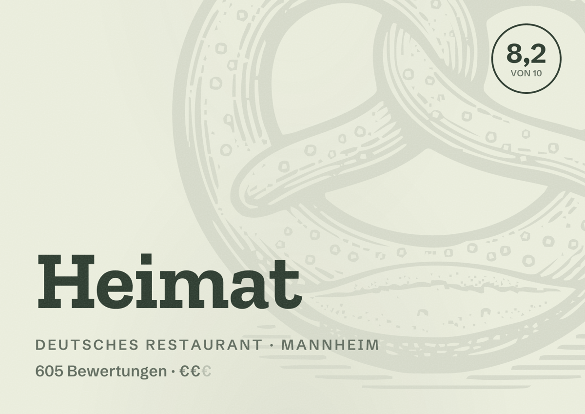 Illustriertes Poster von Heimat, Deutsches Restaurant in Mannheim: Bewertung 8,2 von 10 aus 605 Bewertungen, Preisniveau €€
