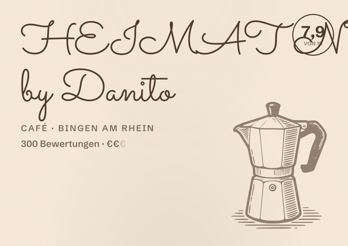 Illustriertes Poster von HEIMAT N°5 by Danito, Café in Bingen am Rhein: Bewertung 7,9 von 10 aus 300 Bewertungen, Preisniveau €€