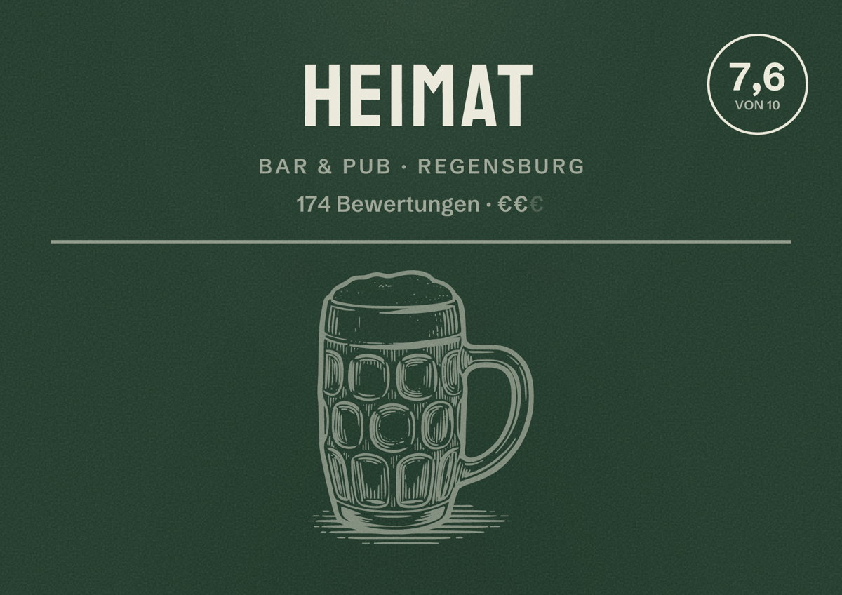 Illustriertes Poster von Heimat, Bar & Pub in Regensburg: Bewertung 7,6 von 10 aus 174 Bewertungen, Preisniveau €€