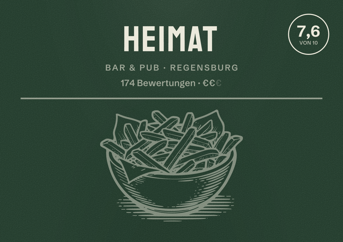 Illustriertes Poster von Heimat, Bar & Pub in Regensburg: Bewertung 7,6 von 10 aus 174 Bewertungen, Preisniveau €€