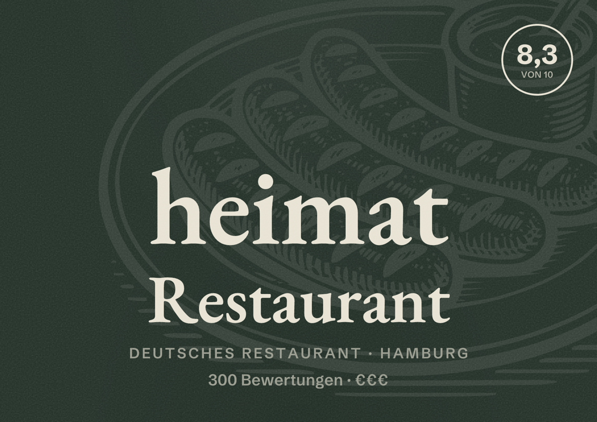 Illustriertes Poster von heimat Restaurant, Deutsches Restaurant in Hamburg: Bewertung 8,3 von 10 aus 300 Bewertungen, Preisniveau €€€