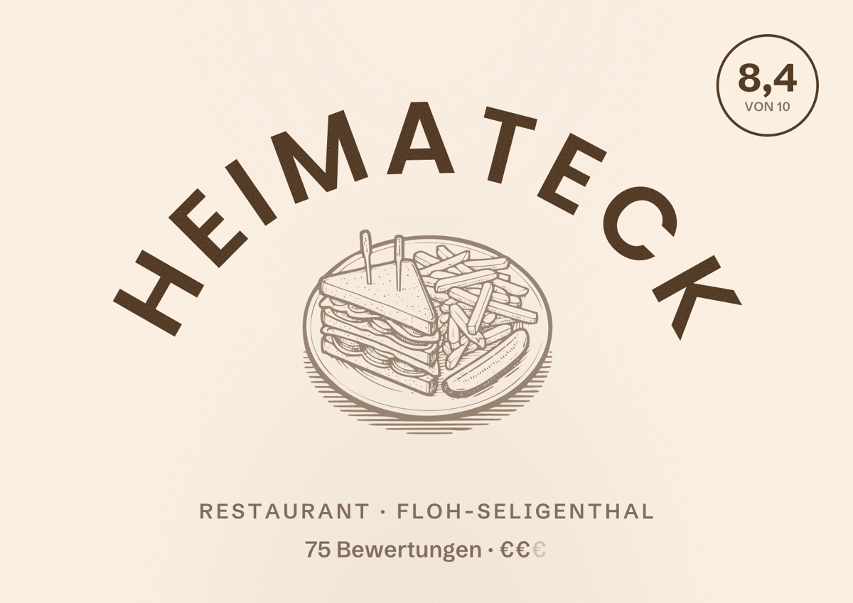 Illustriertes Poster von Heimateck, Restaurant in Floh-Seligenthal: Bewertung 8,4 von 10 aus 75 Bewertungen, Preisniveau €€