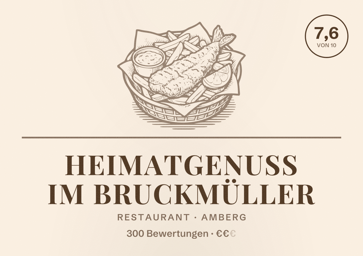 Illustriertes Poster von Heimatgenuss im Bruckmüller, Restaurant in Amberg: Bewertung 7,6 von 10 aus 300 Bewertungen, Preisniveau €€