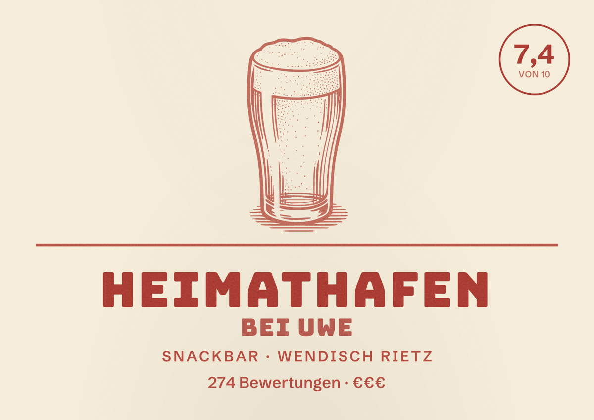 Illustriertes Poster von Heimathafen bei Uwe, Snackbar in Wendisch Rietz: Bewertung 7,4 von 10 aus 274 Bewertungen, Preisniveau €€€