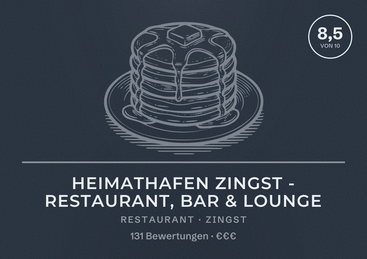 Illustriertes Poster von Heimathafen Zingst - Restaurant, Bar & Lounge, Restaurant in Zingst: Bewertung 8,5 von 10 aus 131 Bewertungen, Preisniveau €€€