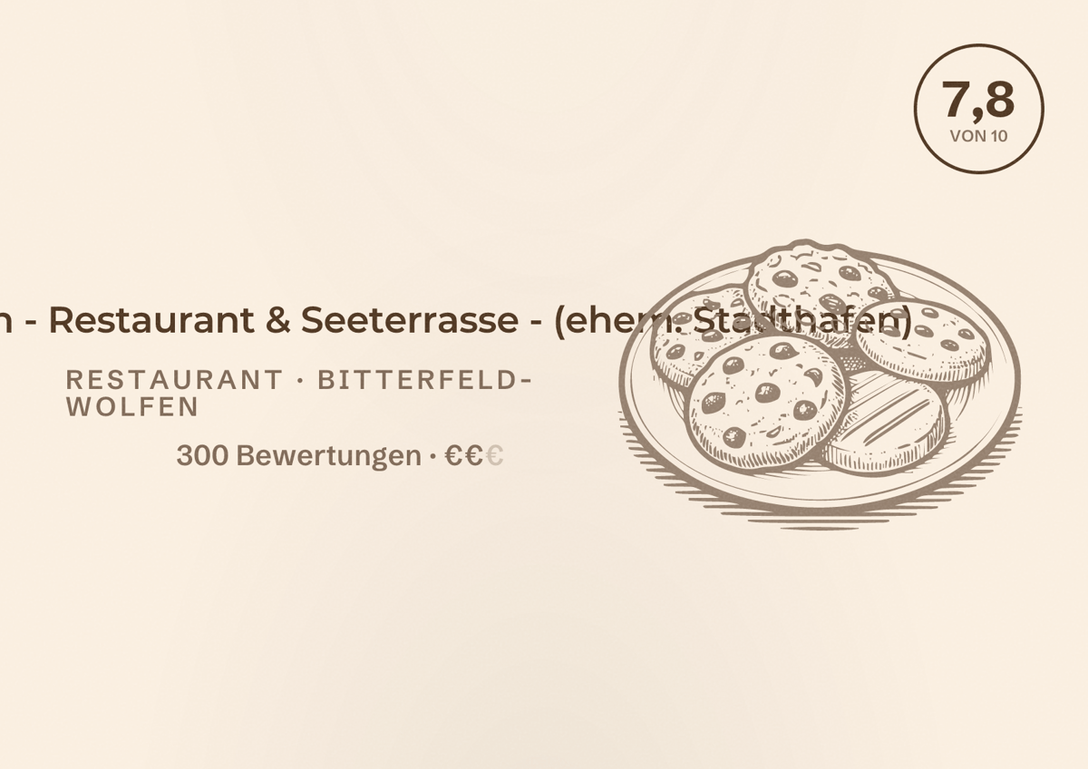 Illustriertes Poster von Heimathafen - Restaurant & Seeterrasse - (ehem. Stadthafen), Restaurant in Bitterfeld-Wolfen: Bewertung 7,8 von 10 aus 300 Bewertungen, Preisniveau €€