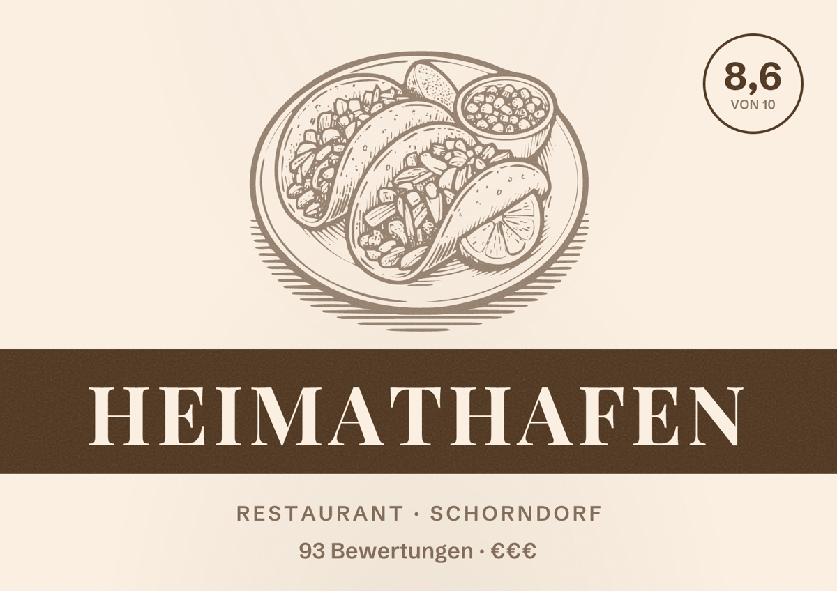 Illustriertes Poster von Heimathafen, Restaurant in Schorndorf: Bewertung 8,6 von 10 aus 93 Bewertungen, Preisniveau €€€