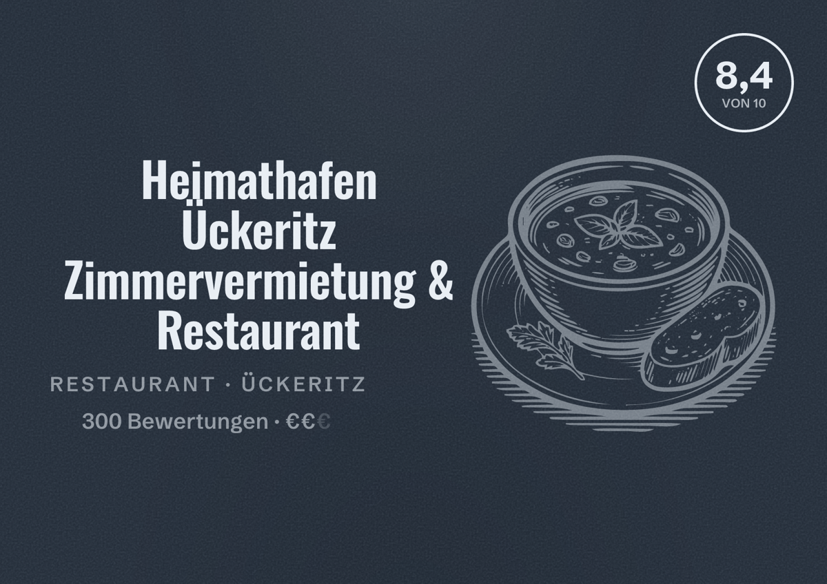 Illustriertes Poster von Heimathafen Ückeritz Zimmervermietung & Restaurant, Restaurant in Ückeritz: Bewertung 8,4 von 10 aus 300 Bewertungen, Preisniveau €€