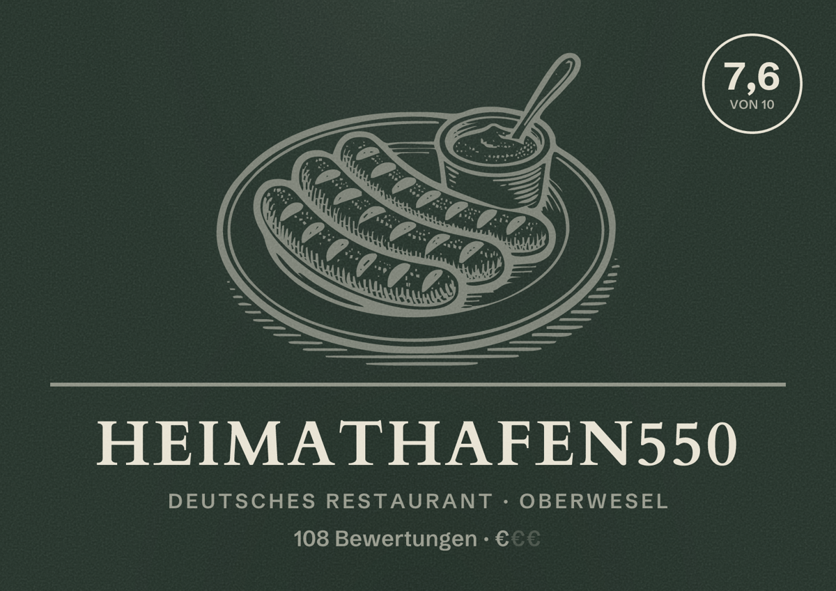Illustriertes Poster von Heimathafen550, Deutsches Restaurant in Oberwesel: Bewertung 7,6 von 10 aus 108 Bewertungen, Preisniveau €