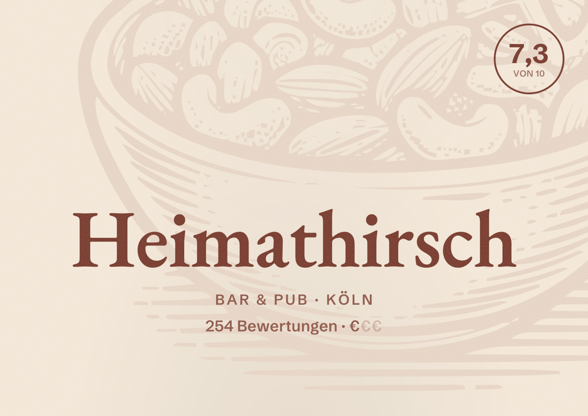 Illustriertes Poster von Heimathirsch, Bar & Pub in Köln: Bewertung 7,3 von 10 aus 254 Bewertungen, Preisniveau €