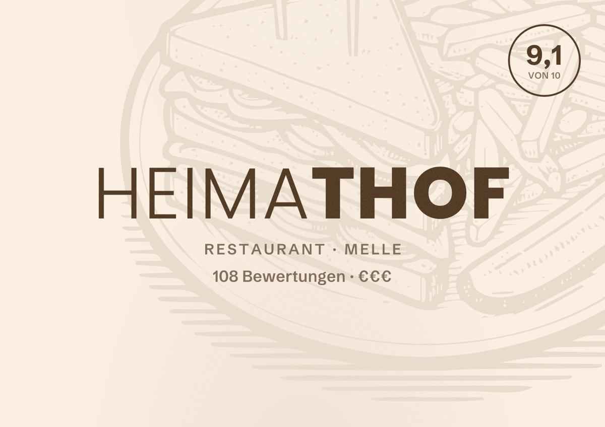 Illustriertes Poster von Heimathof, Restaurant in Melle: Bewertung 9,1 von 10 aus 108 Bewertungen, Preisniveau €€€