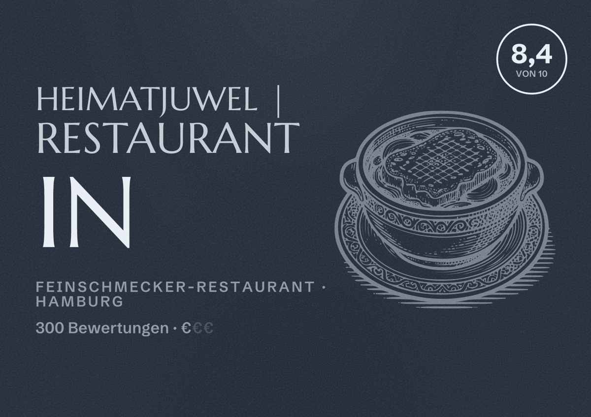 Illustriertes Poster von Heimatjuwel | Restaurant in, Feinschmecker-Restaurant in Hamburg: Bewertung 8,4 von 10 aus 300 Bewertungen, Preisniveau €