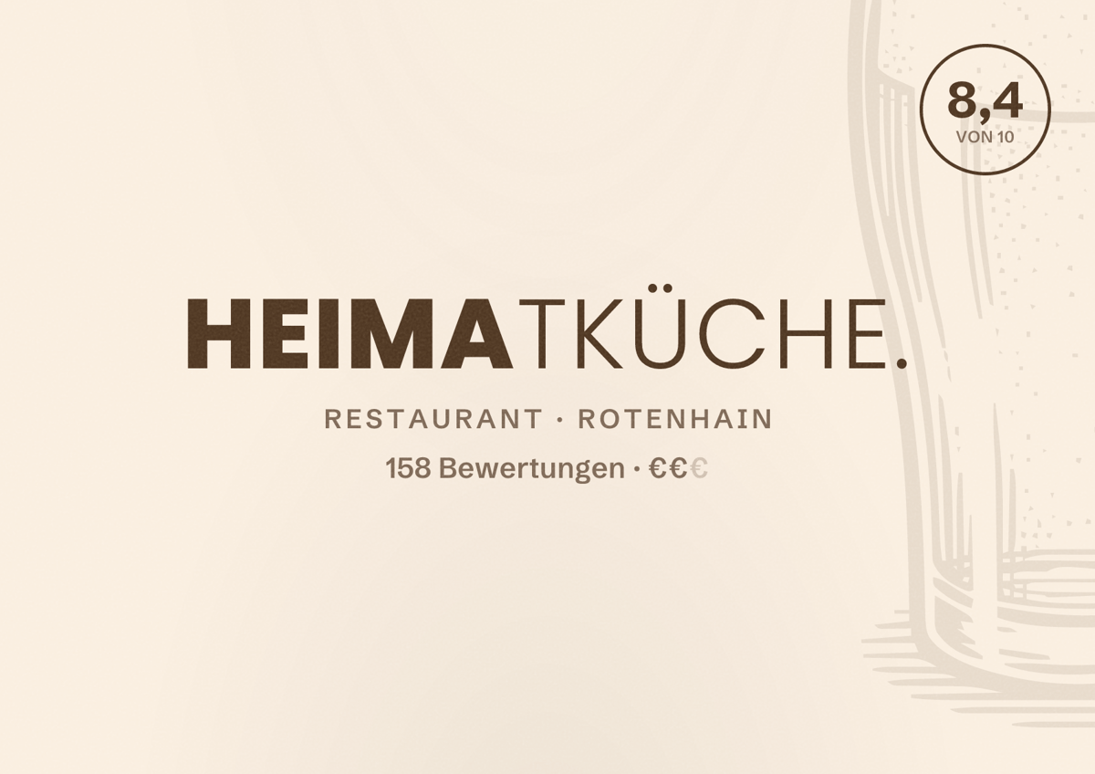 Illustriertes Poster von heimatküche., Restaurant in Rotenhain: Bewertung 8,4 von 10 aus 158 Bewertungen, Preisniveau €€