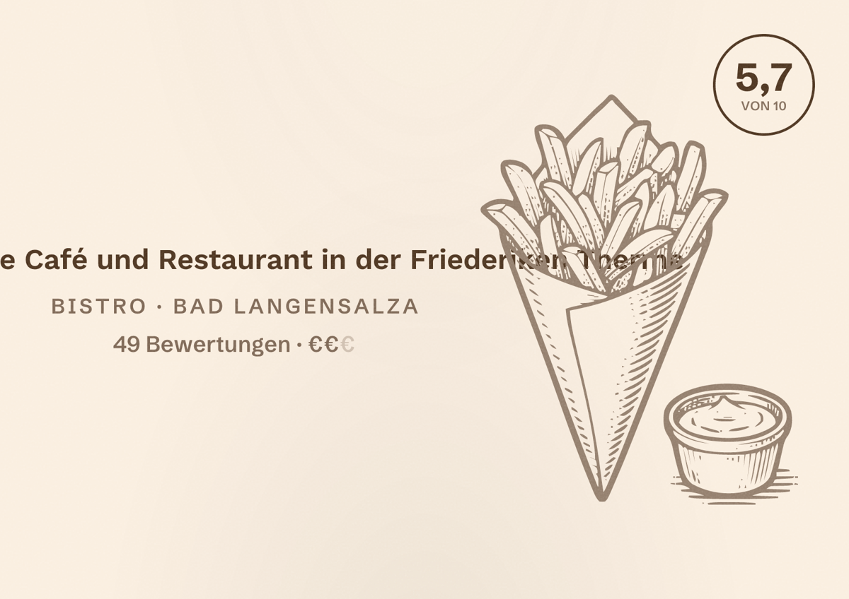 Illustriertes Poster von Heimatliebe Café und Restaurant in der Friederiken Therme, Bistro in Bad Langensalza: Bewertung 5,7 von 10 aus 49 Bewertungen, Preisniveau €€