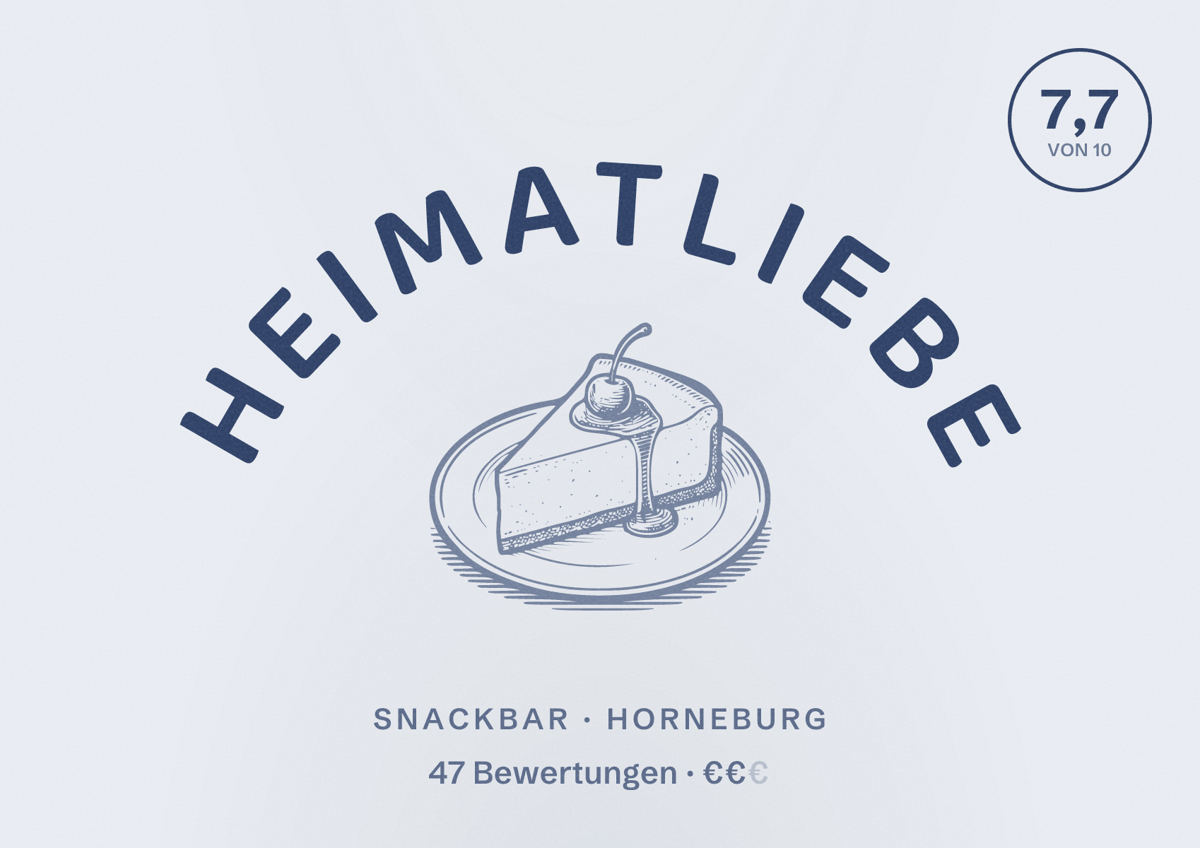 Illustriertes Poster von Heimatliebe, Snackbar in Horneburg: Bewertung 7,7 von 10 aus 47 Bewertungen, Preisniveau €€