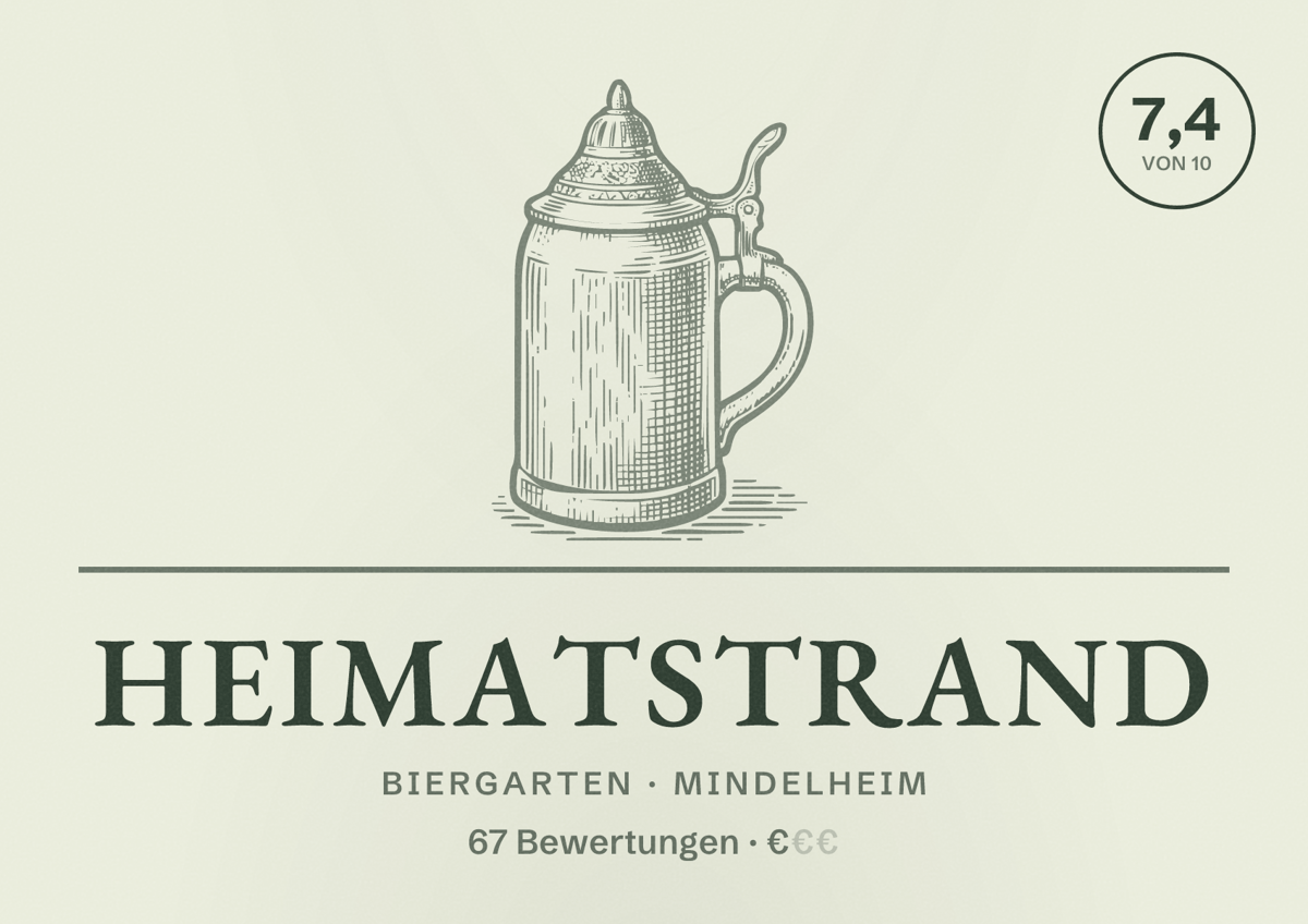 Illustriertes Poster von HeimatStrand, Biergarten in Mindelheim: Bewertung 7,4 von 10 aus 67 Bewertungen, Preisniveau €
