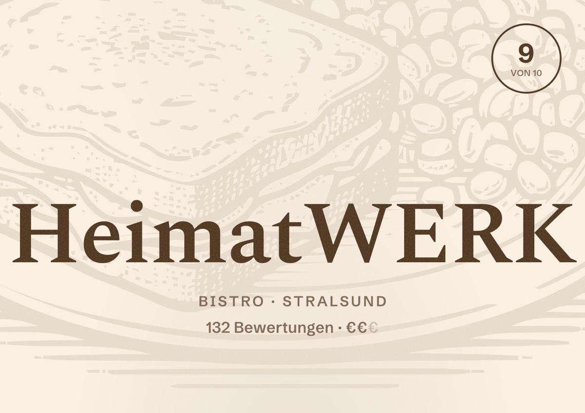 Illustriertes Poster von HeimatWERK, Bistro in Stralsund: Bewertung 9 von 10 aus 132 Bewertungen, Preisniveau €€