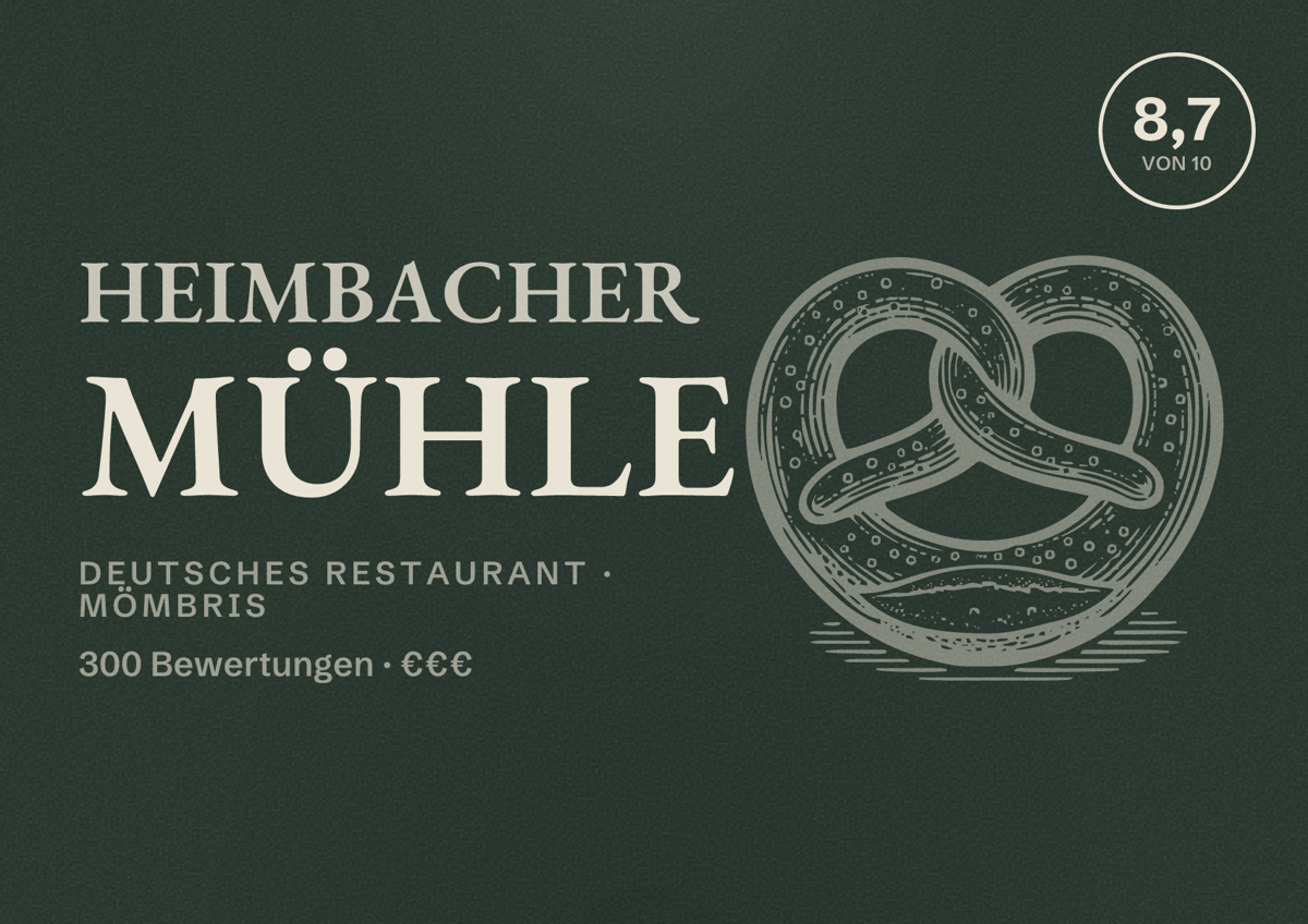 Illustriertes Poster von Heimbacher Mühle, Deutsches Restaurant in Mömbris: Bewertung 8,7 von 10 aus 300 Bewertungen, Preisniveau €€€