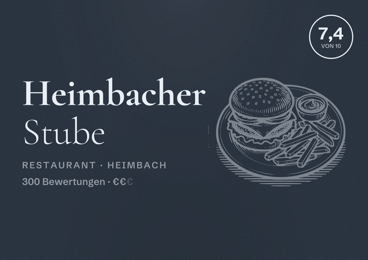 Illustriertes Poster von Heimbacher Stube, Restaurant in Heimbach: Bewertung 7,4 von 10 aus 300 Bewertungen, Preisniveau €€